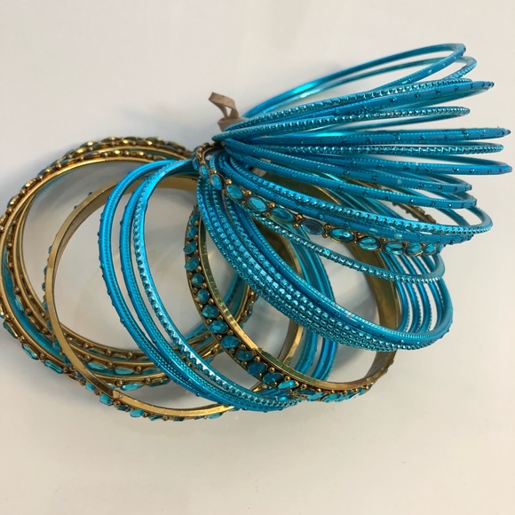Assorted Turquoise-Blue & Gold-Toned Bangles - Picture 3 of 5